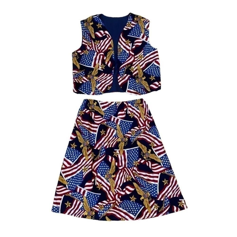 Homemade Patriotic Flag Print Vest and Skirt Set Large Costume School USA Girls